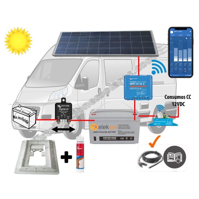 Kit Completo Energia Solar Camper 12V, con placa rigida de 175W y batería GEL 100Ah